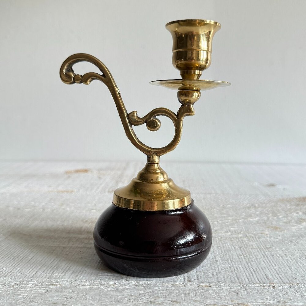 Vintage Wood Base Brass Handled Candle Stick Holder